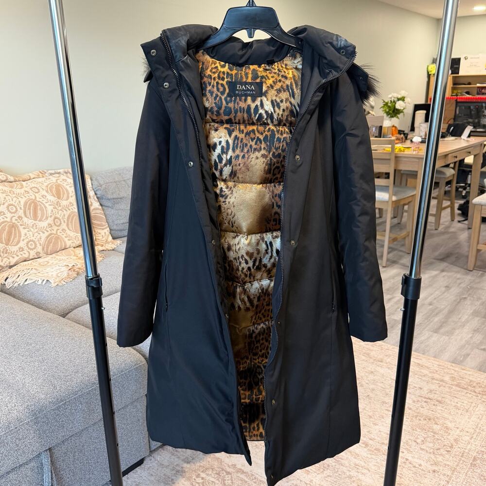 Dana Buchman Black Down Coat Leopard Lining Fur Hood S